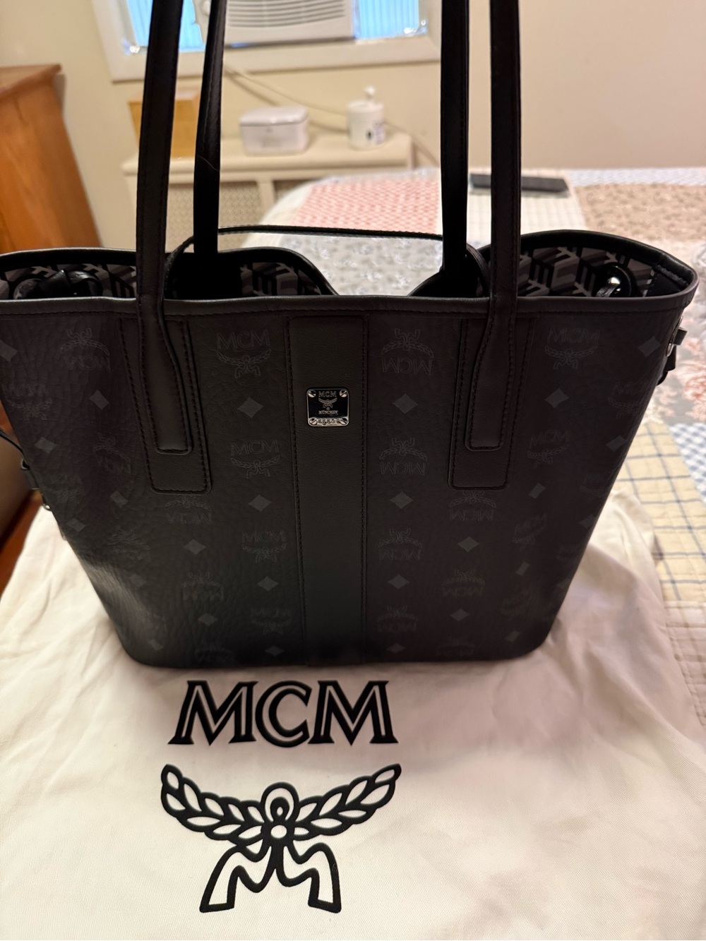 MCM Black Logo Visetos Large Tote